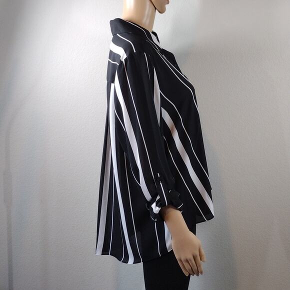 INC International Concepts Black White Stripes Flowy Button Down Shirt Size L - Picture 4 of 14